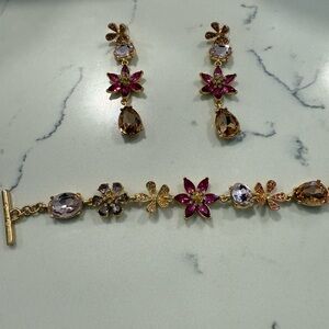 Oscar de la Renta Gold and Pink Floral Earrings